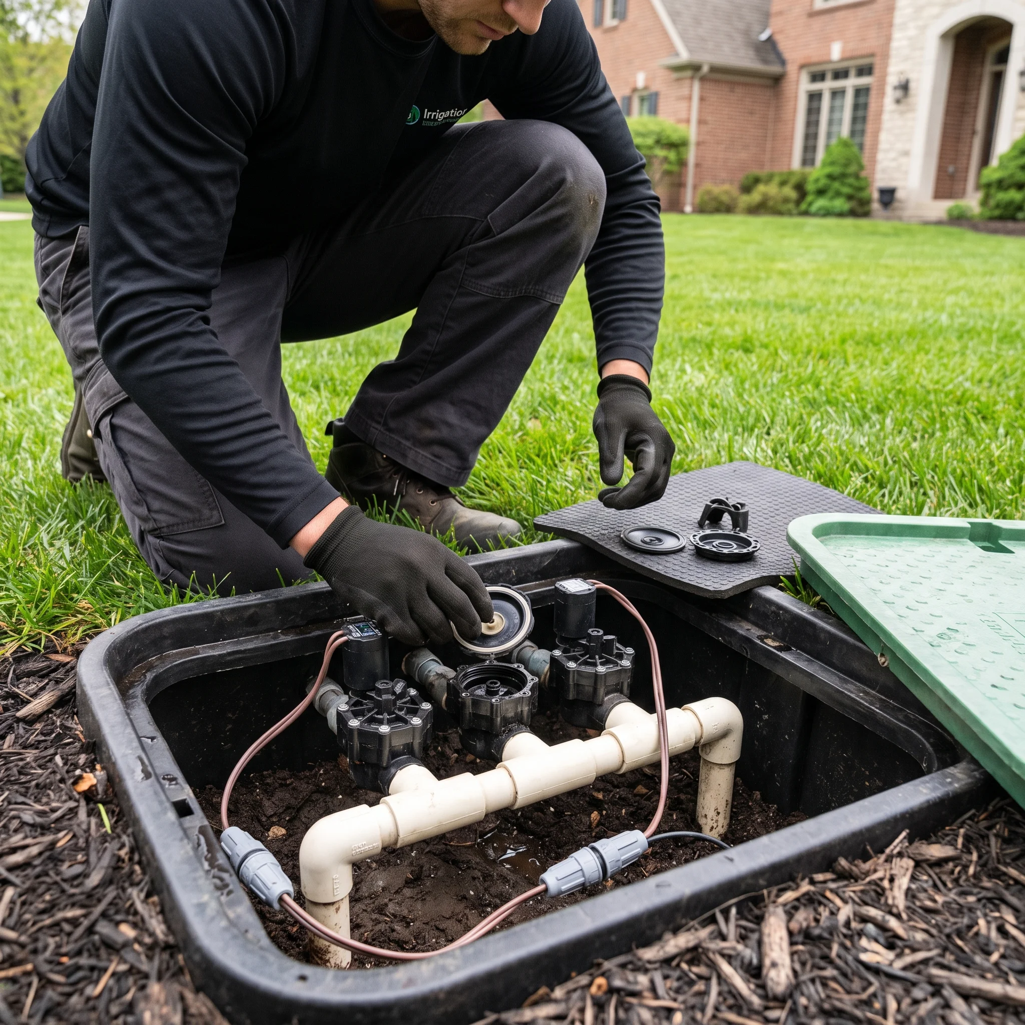 Sprinkler head inspection during Fort Worth irrigation service