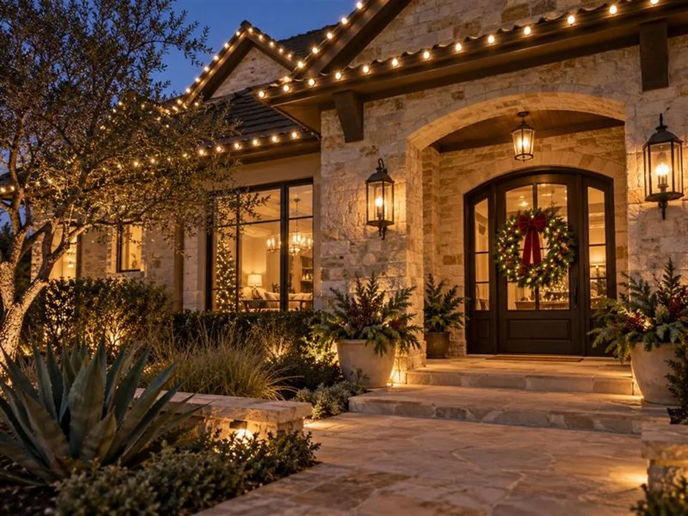 Design inspiration: walkway and hedges lit with warm white Christmas lighting toward an entry