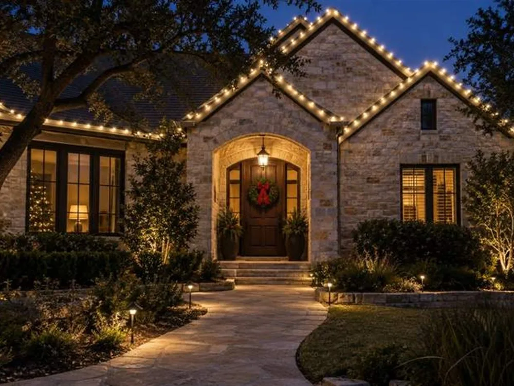 Design inspiration: warm white Christmas lights outlining roof peaks, eaves, dormers and porch columns