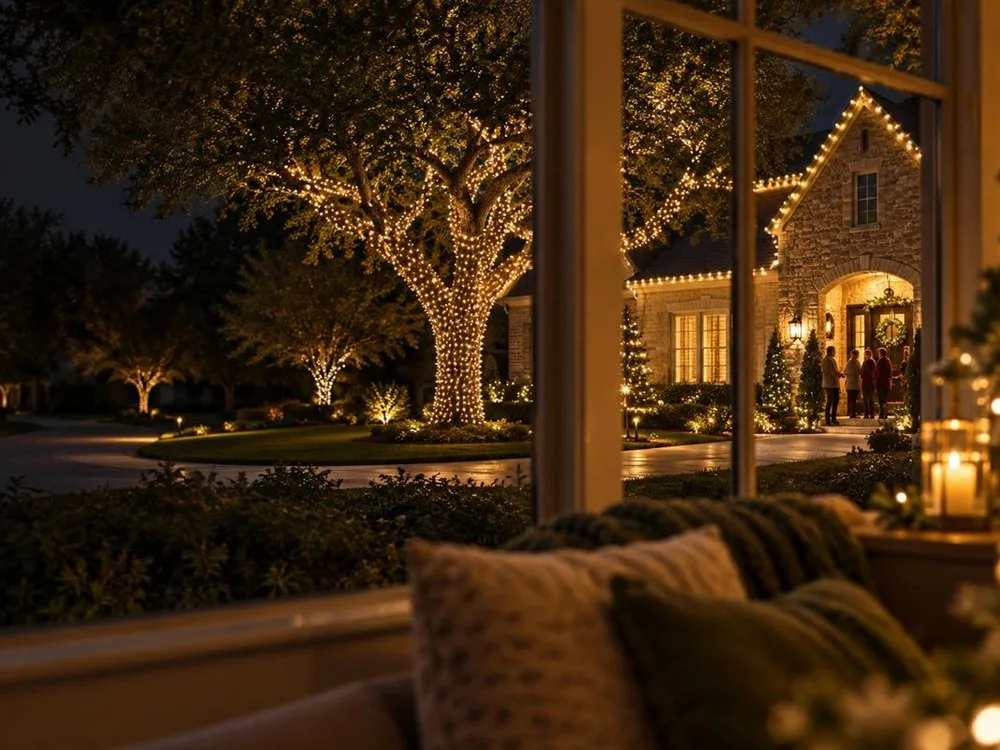 Design inspiration: trees with trunk spirals and canopy branches in warm white Christmas lights
