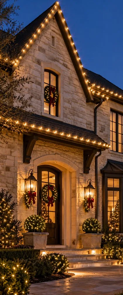 Design inspiration: clean warm-white Christmas lights on a home roofline
