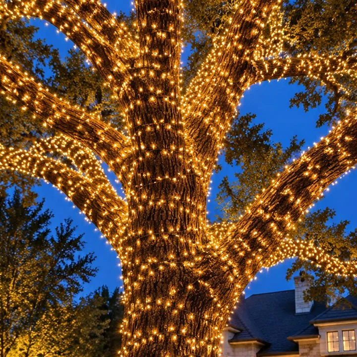 Design inspiration: evergreen trees with warm white Christmas light wraps