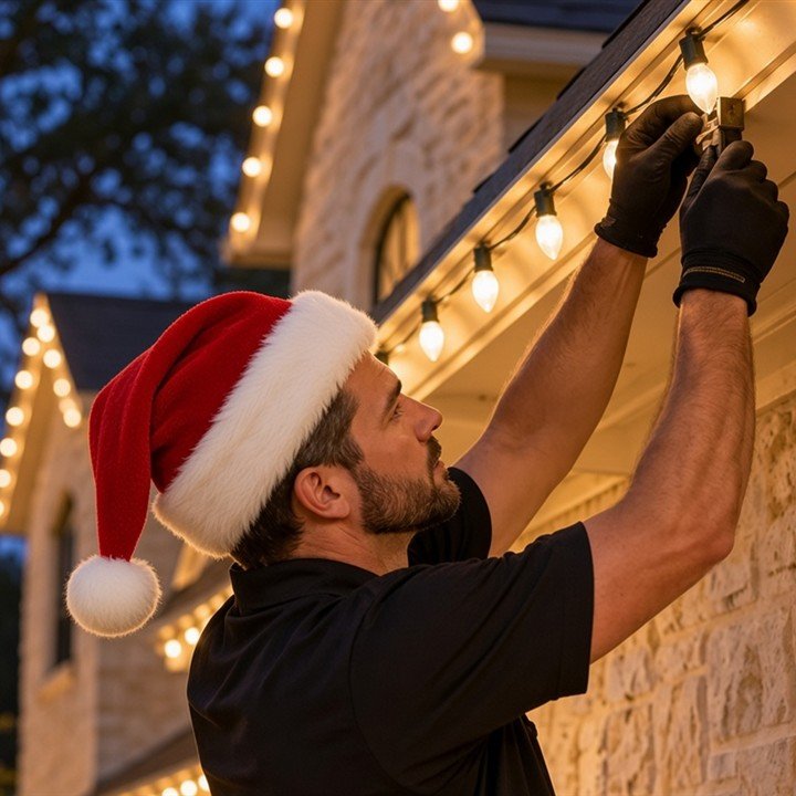 Design inspiration: installer placing Christmas lights while wearing a Santa hat