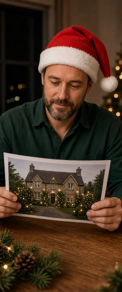 Design inspiration: clear Christmas lighting design plan with Santa hat visible