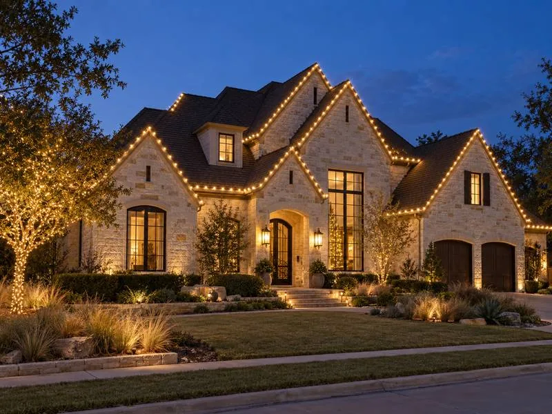 Design inspiration: warm white Christmas lights planned along a home roofline