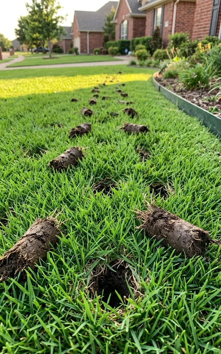 Core aeration plugs on North Texas lawn — soil compaction relief