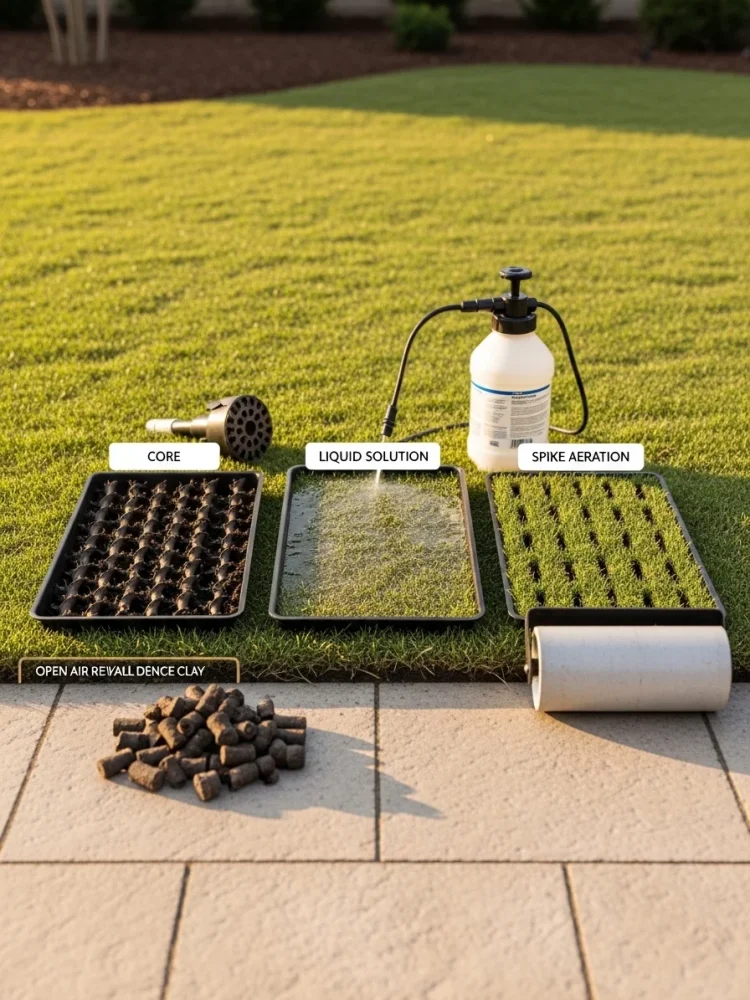 Core aeration plugs on North Texas lawn — soil compaction relief