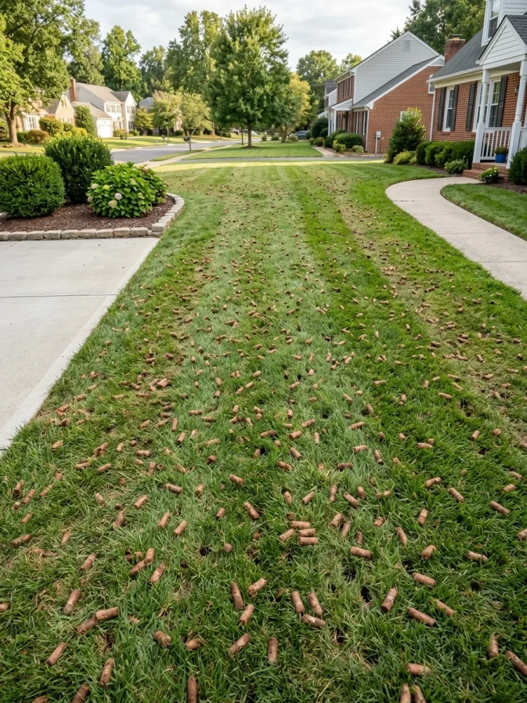 Core aeration plugs on North Texas lawn — soil compaction relief