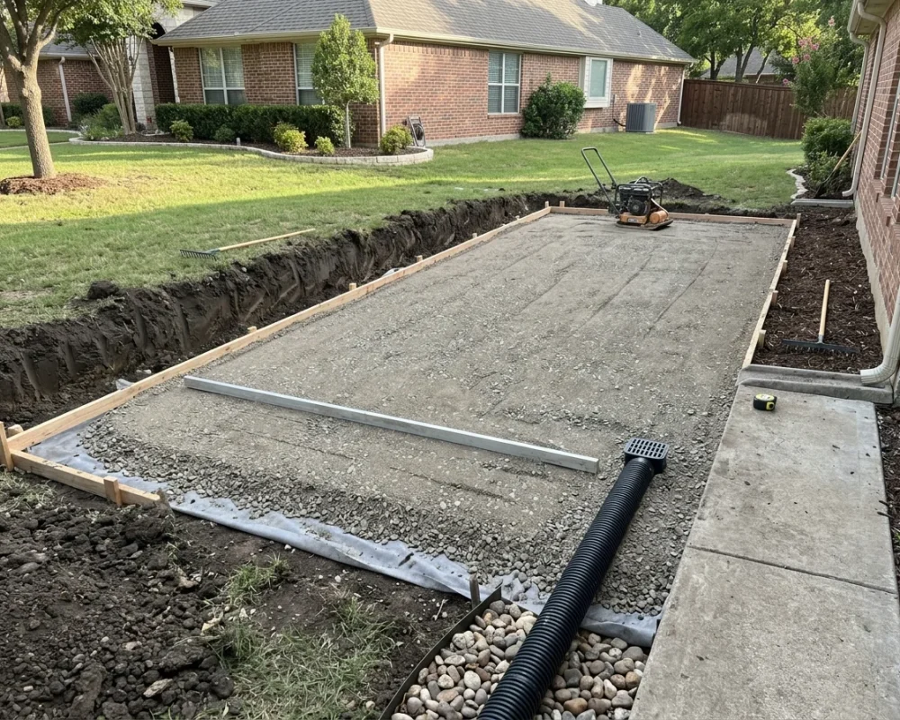Compacted aggregate base preparation for hardscaping on North Texas clay
